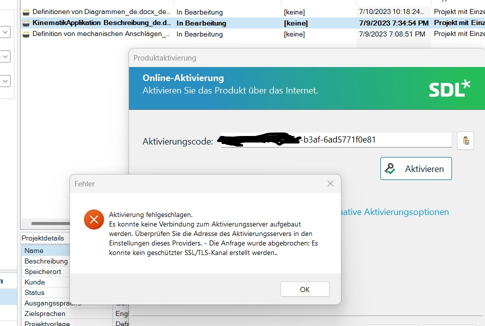 Trados Studio activation error message stating 'Activation failed. No connection could be made with the activation server. Check the address of the activation server in the settings for this provider. The request was interrupted: No secured SSLTLS channel could be established.'