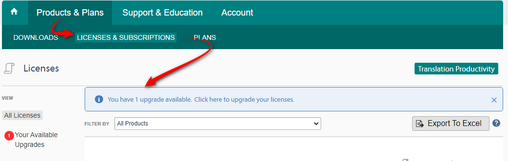 Trados Studio webpage with a notification stating 'You have 1 upgrade available. Click here to upgrade your licenses.' Red arrows point to 'LICENSES & SUBSCRIPTIONS' tab and the notification.