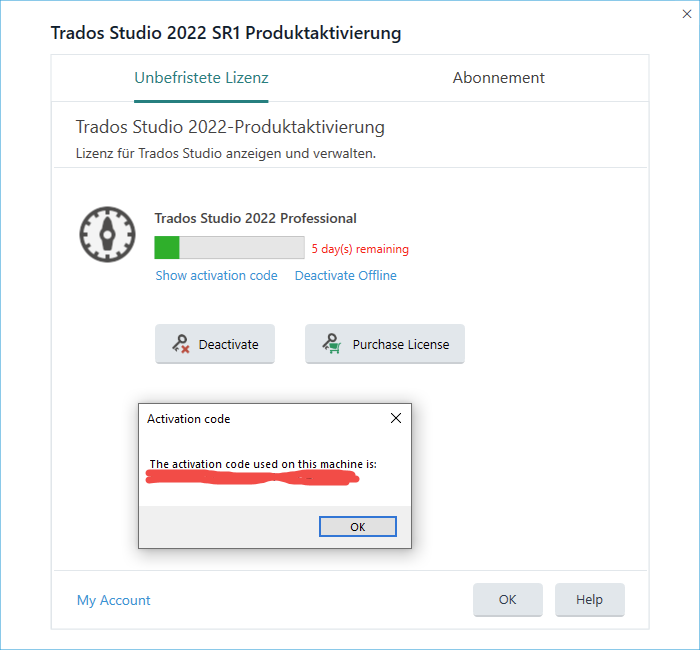 Trados Studio 2022 SR1 Product Activation window showing 'Unbefristete Lizenz' and '5 day(s) remaining' with options to show activation code, deactivate offline, deactivate, and purchase license.