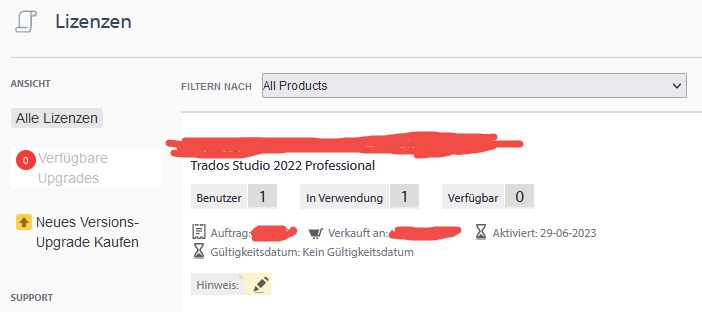 Trados Studio 2022 Professional license details with 'Benutzer: 1', 'In Verwendung: 1', 'Verfugbar: 0', 'Aktiviert: 29-06-2023', and a warning icon next to 'Hinweis'.