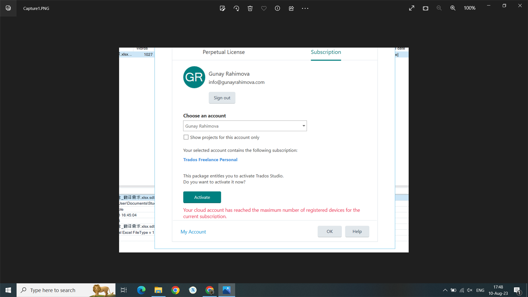 Trados Studio activation screen showing an error message 'Your cloud account has reached the maximum number of registered devices for the current subscription.' with an 'OK' button.