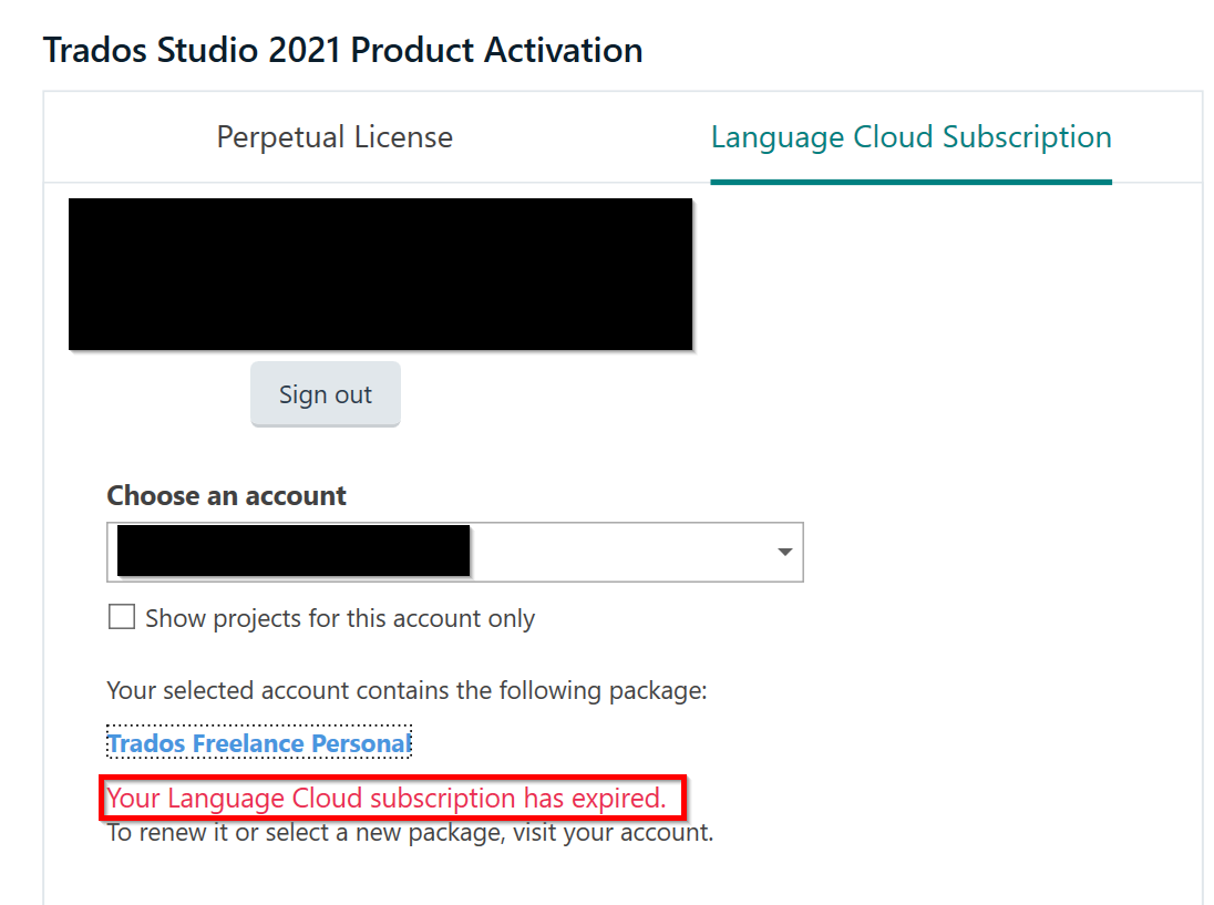 Trados Studio 2021 Product Activation screen showing a message under Language Cloud Subscription tab that reads 'Your Language Cloud subscription has expired.'