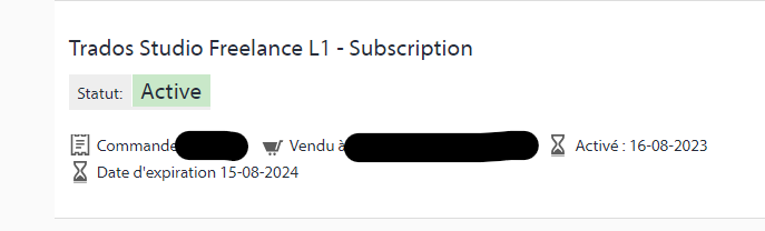 Screenshot of Trados Studio Freelance L1 - Subscription status showing 'Active'. Includes obscured order number, sold to information, active date '16-08-2023', and expiration date '15-08-2024'.