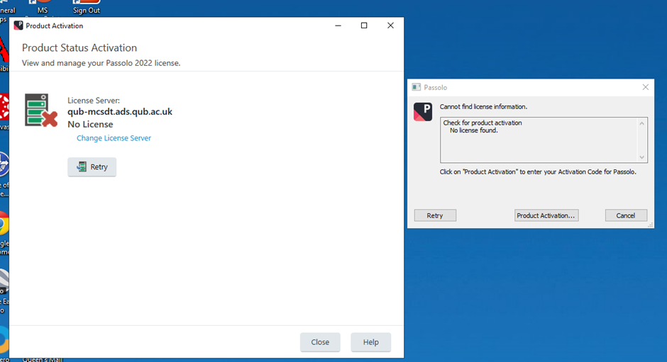 Passolo Product Activation window showing License Server: qub-mcsdct.ads.qub.ac.uk and a red cross icon indicating No License with a 'Change License Server' and 'Retry' button.