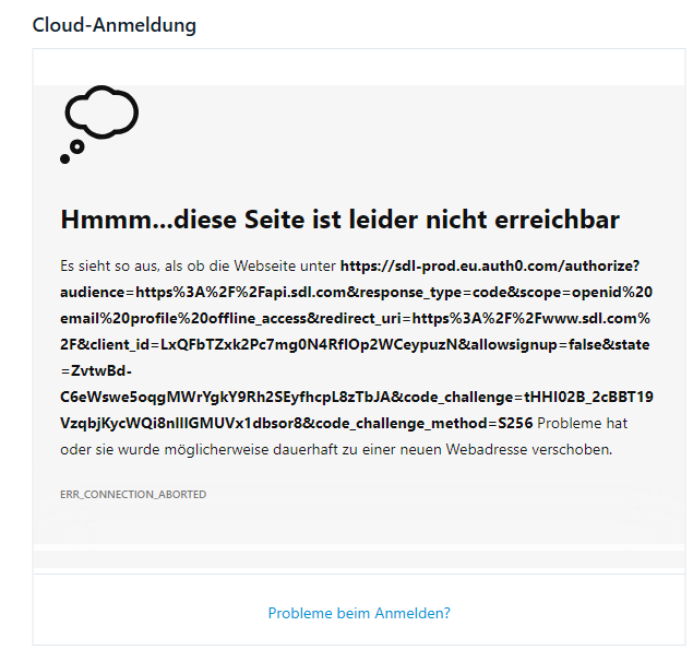 Error message in Trados Studio stating 'Hmm...this page is unfortunately not reachable' with a cloud icon and the error code ERR_CONNECTION_ABORTED.