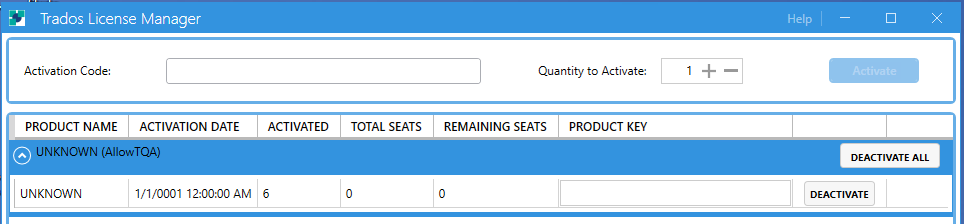 Trados License Manager with an UNKNOWN product, 6 licenses in use, and non-responsive DEACTIVATE button.