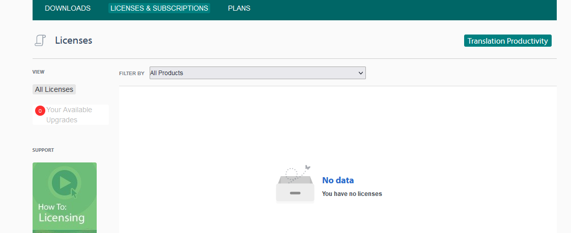 RWS account licenses page showing 'Licenses' tab with a red notification on 'Your Available Upgrades', a 'How To: Licensing' support icon, and a message 'No data You have no licenses' in the main panel.