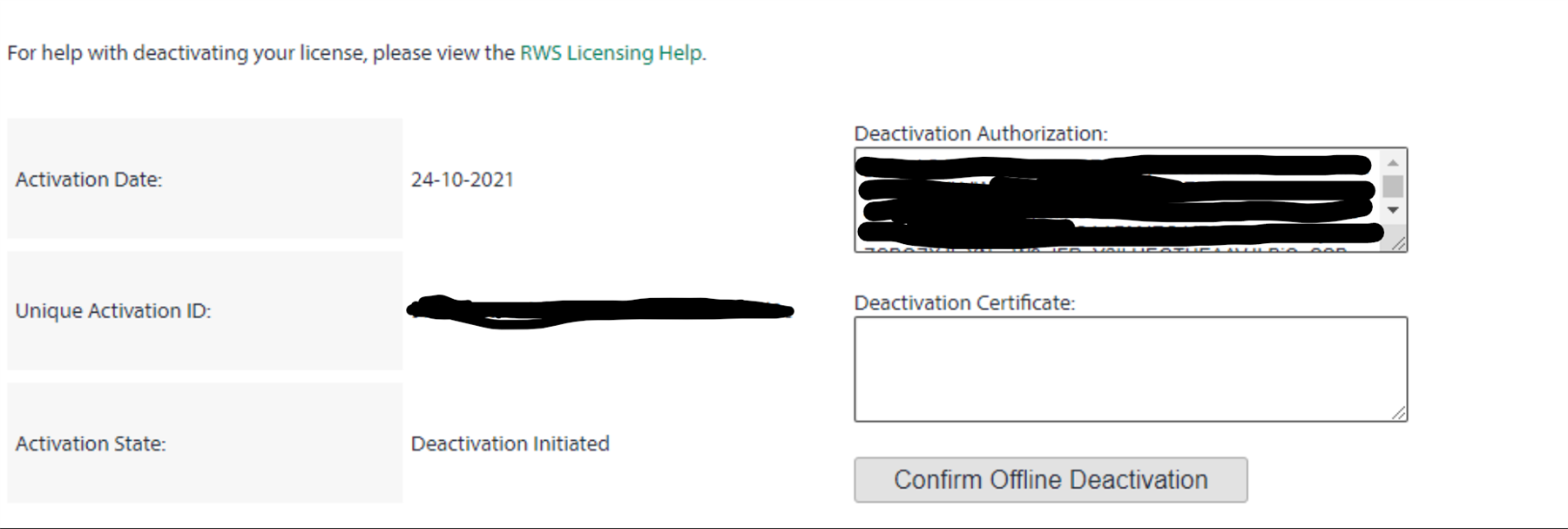 Offline deactivation screen for Trados Studio with fields for Activation Date, Unique Activation ID, Deactivation Authorization, and Deactivation Certificate, with a 'Confirm Offline Deactivation' button.