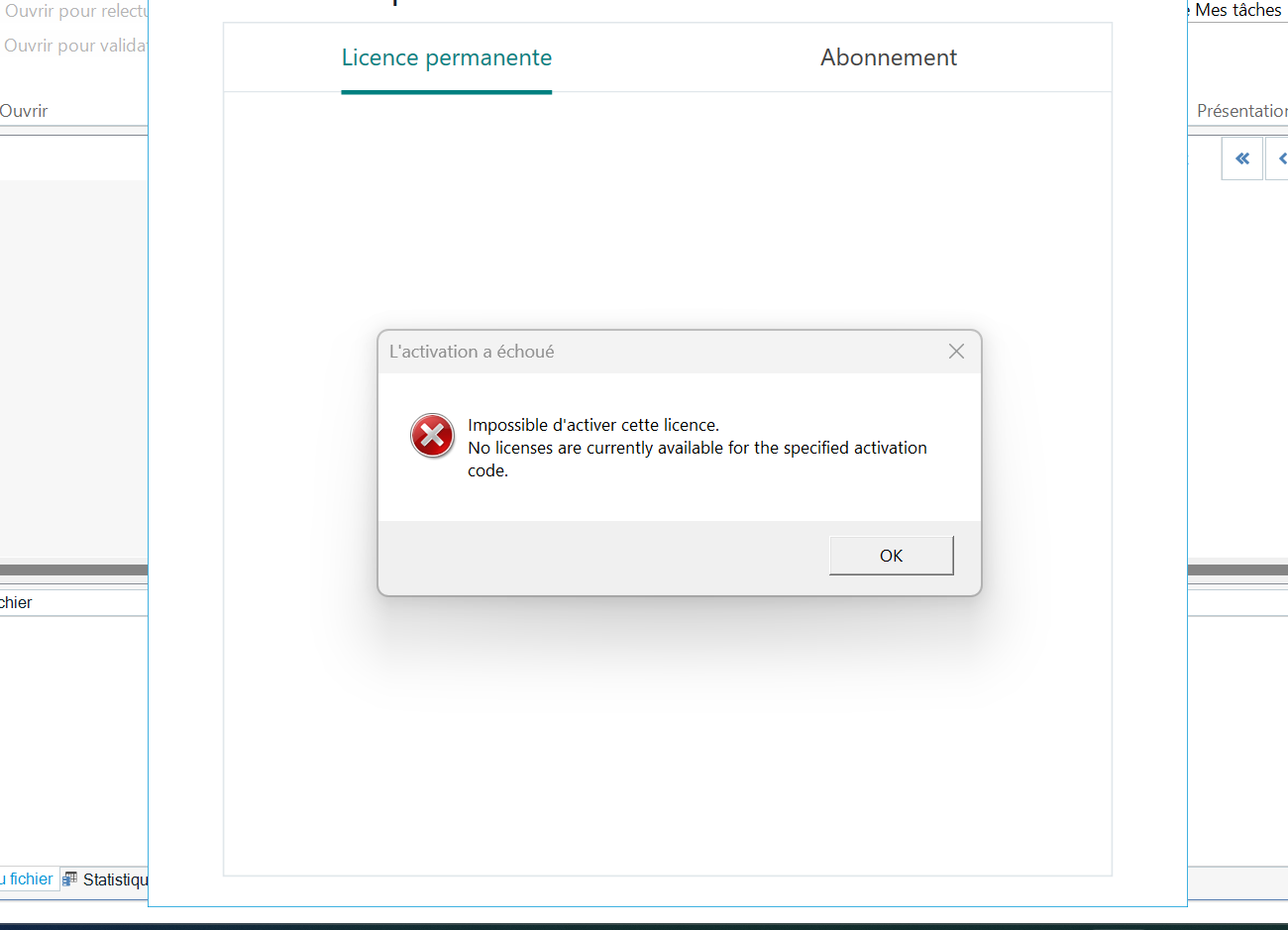 Trados Studio activation error dialog box stating 'Impossible d'activer cette licence. No licenses are currently available for the specified activation code.' with an OK button.