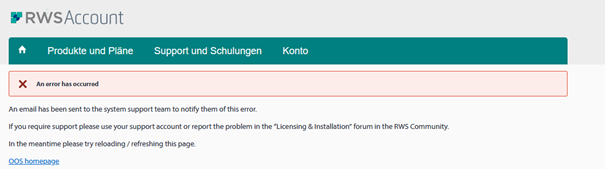 Error message on RWS Account page stating 'An error has occurred' with instructions to reload the page or report the problem in the RWS Community forum.