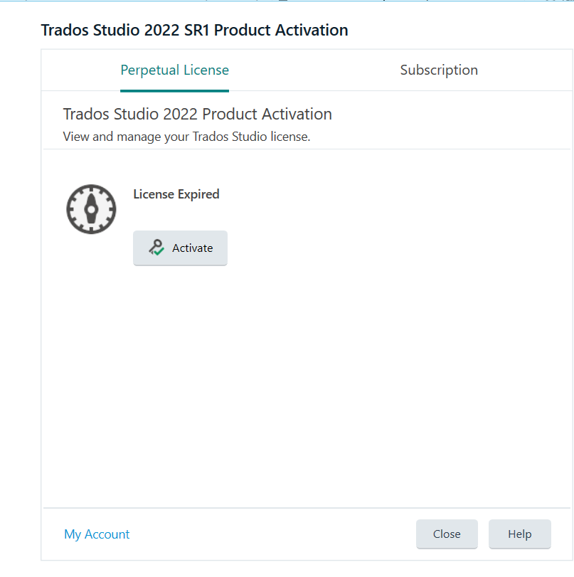 Trados Studio 2022 SR1 Product Activation window showing a Perpetual License tab with a notification 'License Expired' and an 'Activate' button.