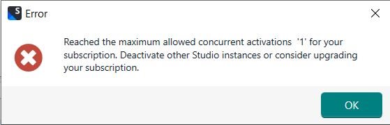 Error message in Trados Studio 2022 SR1 stating 'Reached the maximum allowed concurrent activations '1' for your subscription. Deactivate other Studio instances or consider upgrading your subscription.' with an OK button.