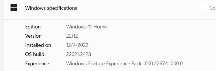 Screenshot showing Windows specifications: Edition Windows 11 Home, Version 22H2, Installed on 1242022, OS build 22621.2428, Experience Windows Feature Experience Pack 1000.22674.1000.0.