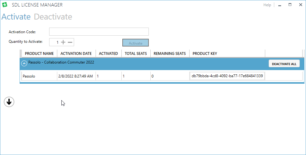 SDL License Manager window showing Passolo - Collaboration Commuter 2022 activated with 1 total seat and product key ending in 41339.