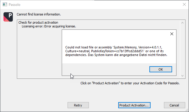 Error message in Passolo stating 'Cannot find license information. Check for product activation Licensing error: Error acquiring license.' with a system error about missing file.