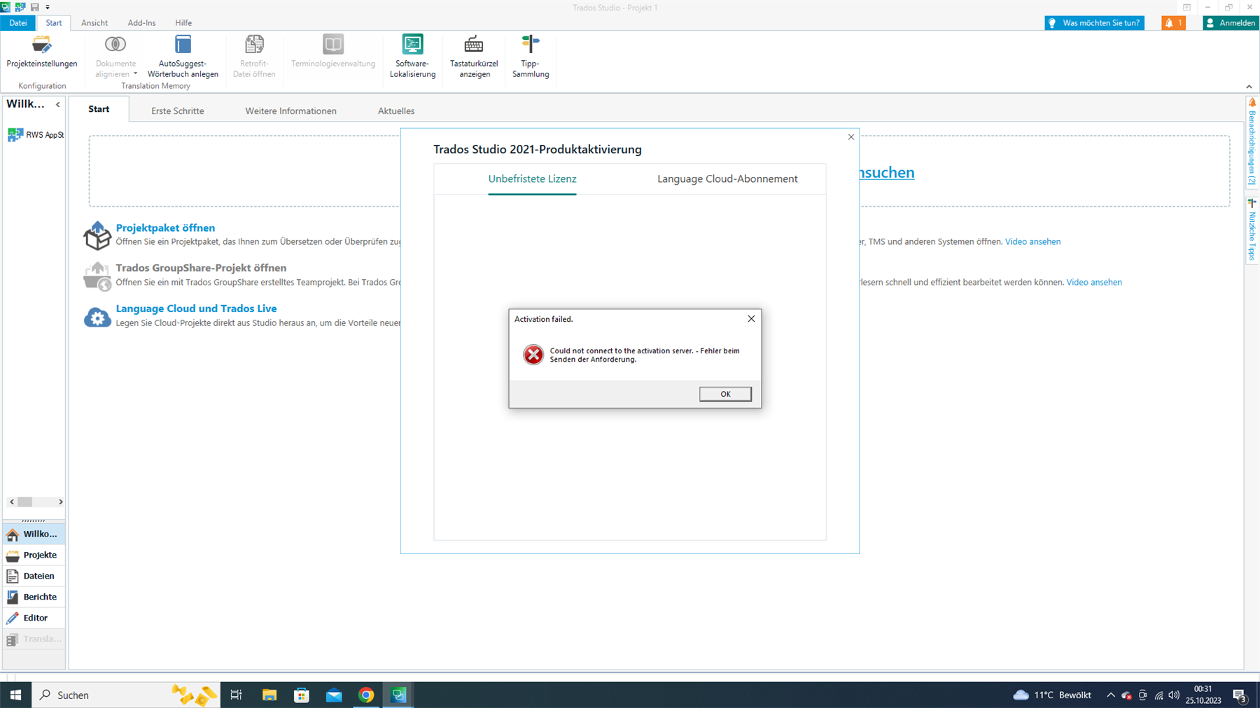 Screenshot of Trados Studio 2021 showing an error message pop-up that reads 'Activation failed. Could not connect to the activation server - Fehler beim Senden der Anforderung.'