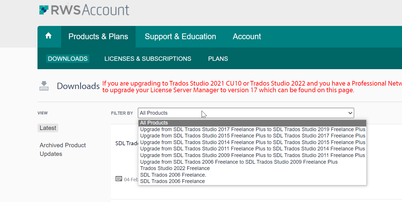 RWS Account page showing Products & Plans, Downloads tab selected, with a dropdown filter for All Products and a list including Trados Studio 2022 Freelance.