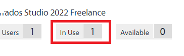 Trados Studio 2022 Freelance license status showing 1 user, with 1 license 'In Use' and 0 available.