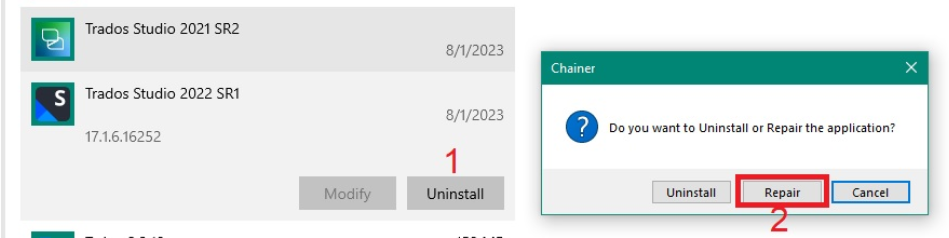 Programs and Features window showing Trados Studio 2022 SR1 selected with Modify and Uninstall options visible.