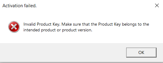 Error message on Trados Studio activation page stating 'Activation failed. Invalid Product Key. Make sure that the Product Key belongs to the intended product or product version.' with an OK button.