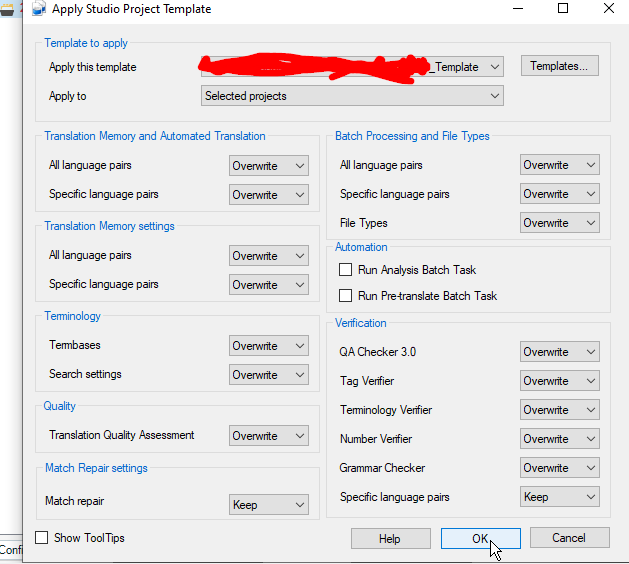 Screenshot of the 'Apply Studio Project Template' dialog with various settings and a redacted template name.