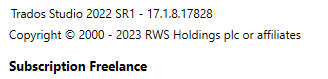 Screenshot showing Trados Studio 2022 SR1 version information with a Freelance subscription.