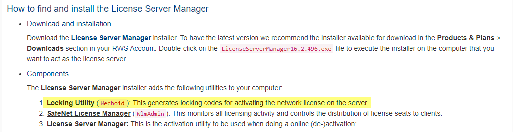 Screenshot of Trados Studio guide showing steps on how to find and install the License Server Manager, highlighting the Locking Utility component.