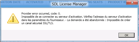 SDL License Manager error message stating 'Provider error occurred, code: 0. Unable to connect to the activation server. Check the server address in the supplier settings. - The request was abandoned: Unable to create a secure SSLTLS channel.' with an OK button.