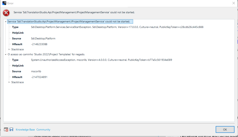 Error message in Trados Studio 2022 stating 'Service Sdl.TranslationStudio.Api.ProjectManagement.IProjectManagementService could not be started' with details of the error type, help link, source, HRESULT, and stack trace.