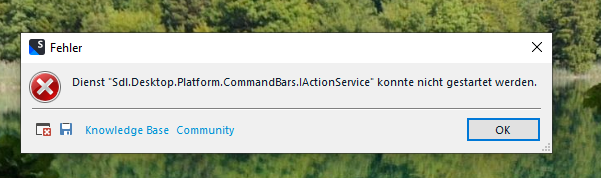Error message in Trados Studio stating 'Service 'Sdl.Desktop.Platform.CommandBars.IActionService' could not be started'. Buttons for Knowledge Base and Community are visible, as well as an OK button.