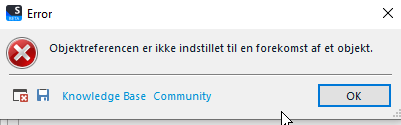 Error dialog box with a message about an object reference not set to an instance of an object, in a non-English language.