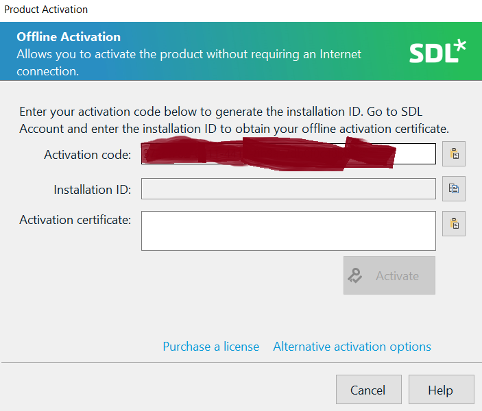 Trados Studio offline activation dialog box with empty Installation ID field after entering activation code.