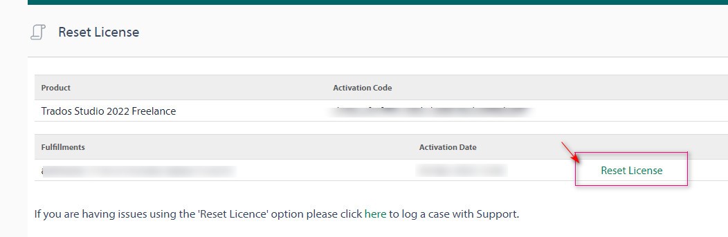 Reset License page for Trados Studio 2022 Freelance with a highlighted 'Reset License' button and a link to contact support.