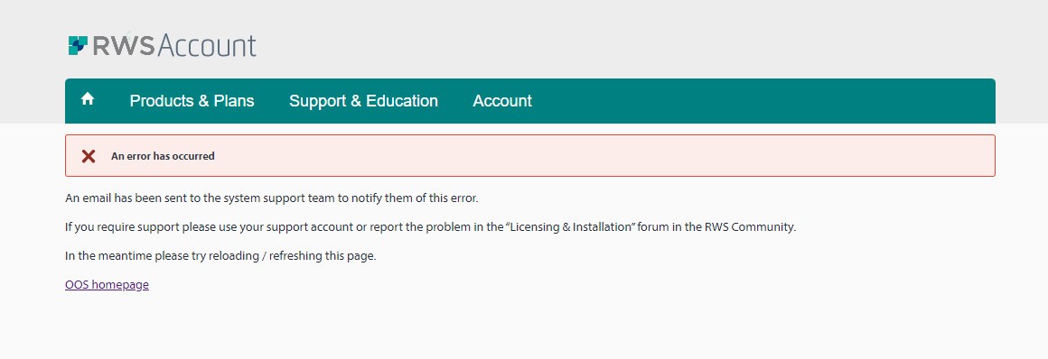 Error message on RWS Account page stating 'An error has occurred' with instructions to contact support or refresh the page.