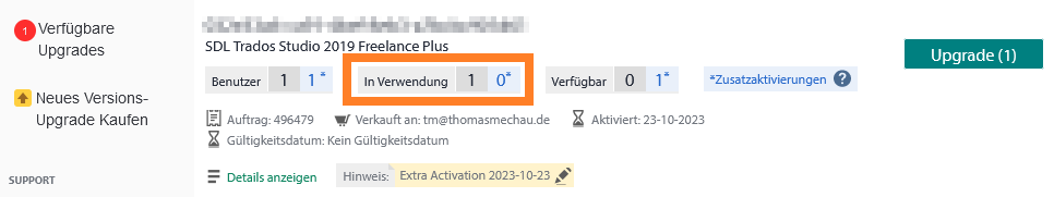 SDL account page showing one available upgrade for SDL Trados Studio 2019 Freelance Plus, with one user license in use and zero available, and a highlighted notice for an extra activation.