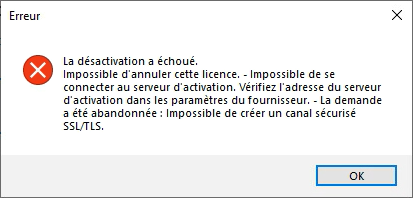 Error message in Trados Studio stating 'Deactivation failed. Unable to cancel this license. Unable to connect to the activation server. Check the server address in the provider settings. The request was abandoned: Unable to create a secure SSLTLS channel.' with an OK button.