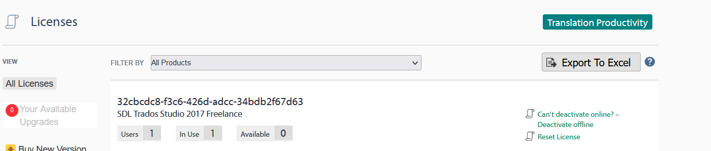 Trados Studio license management page showing one SDL Trados Studio 2017 Freelance license in use with zero available, and options to deactivate offline or reset the license.