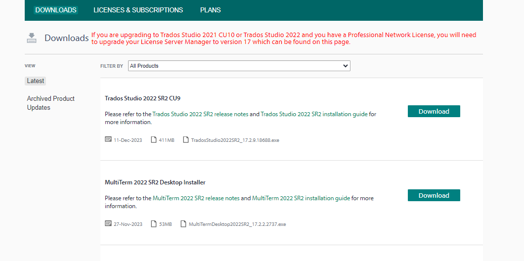 Screenshot of Trados Studio download page, showing available downloads for Trados Studio 2022 SR2 CU9 and MultiTerm 2022 SR2 Desktop Installer with respective download buttons.