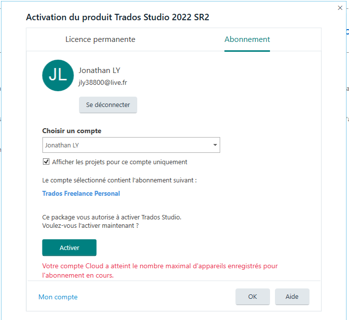 Trados Studio 2022 SR2 product activation window showing a permanent license under the subscription tab for user Jonathan LY with an error message stating 'Your Cloud account has reached the maximum number of devices registered for the current subscription.'