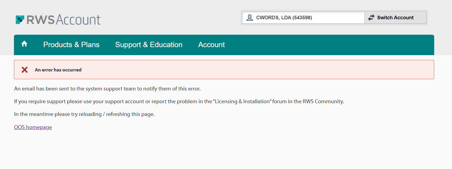 Error message on Trados Studio offline deactivation page prompting to log a support request due to an error with offline deactivation.