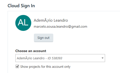 Cloud Sign In dialog box in Trados Studio displaying the name 'Ademario Leandro' with the email 'marcelo.sousa.leandro@gmail.com'.