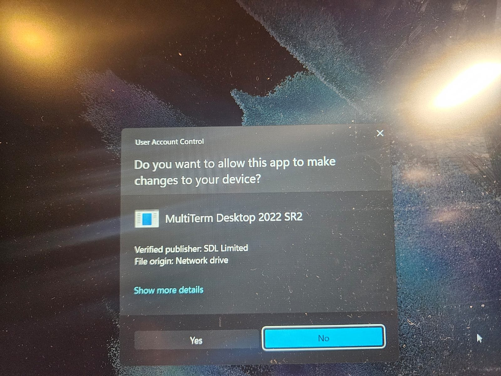 User Account Control prompt asking for permission to allow MultiTerm Desktop 2022 SR2 to make changes to the device.