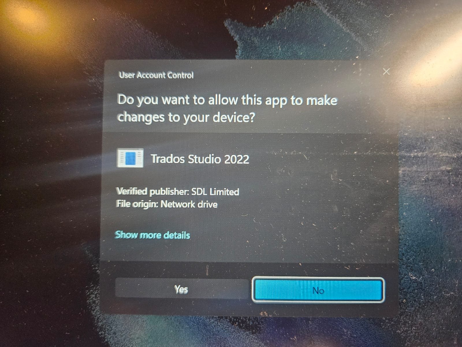 User Account Control prompt asking for permission to allow Trados Studio 2022 to make changes to the device.