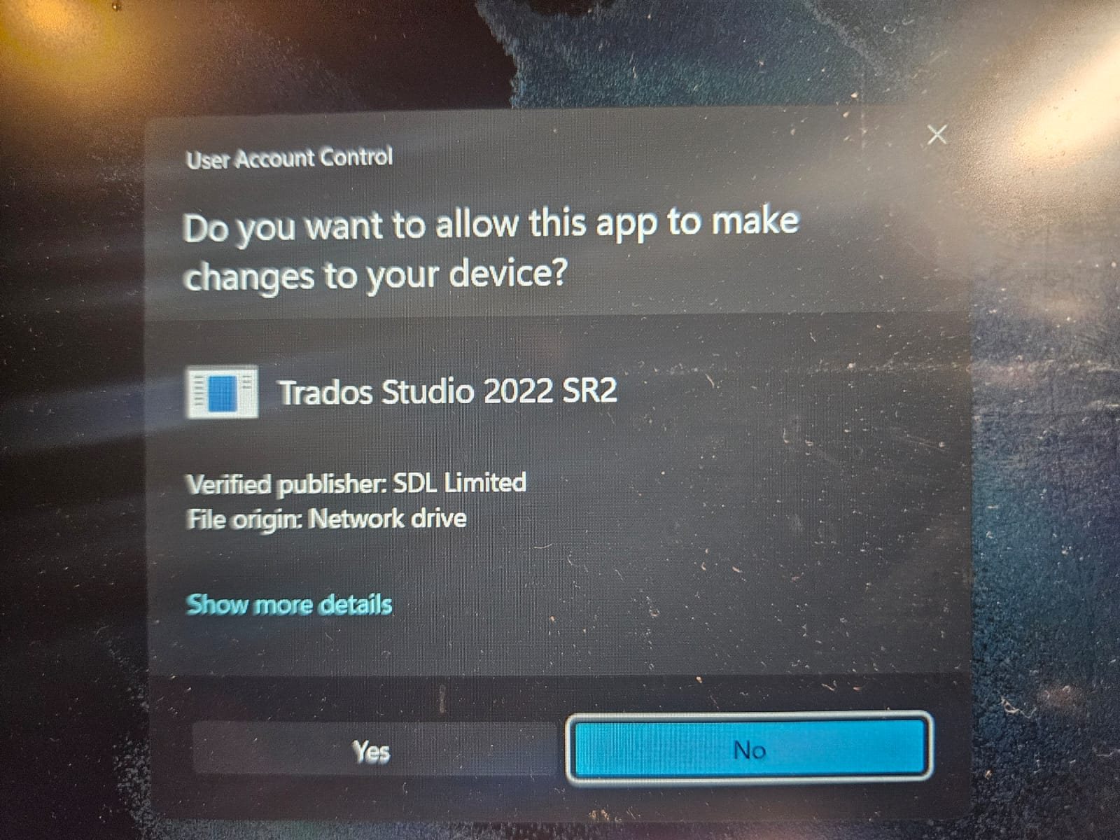 User Account Control prompt asking for permission to allow Trados Studio 2022 SR2 to make changes to the device.