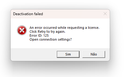 Error message for deactivation failed with Error ID: 125 and options to Retry or open connection settings.