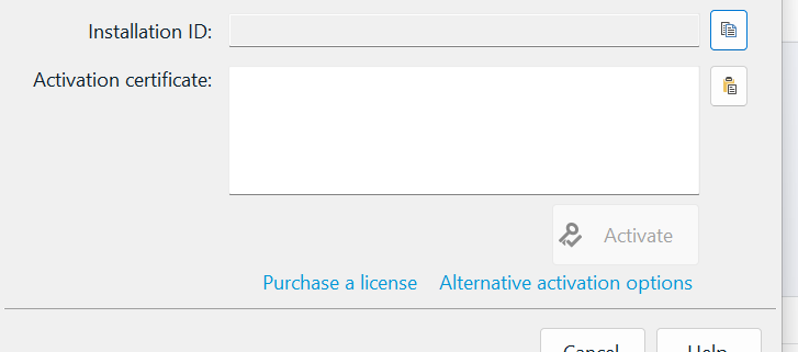 Trados Studio activation window with empty Installation ID and Activation certificate fields. The Activate button is greyed out and unclickable.