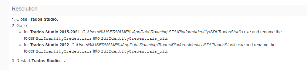 Screenshot of Trados Studio resolution steps, including closing the program, navigating to specific file paths for different versions, and renaming a folder.