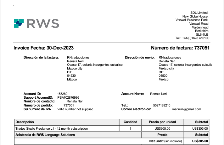 Invoice screenshot for Trados Studio Freelance 1-12 month subscription with invoice number 737051, dated 30-Dec-2023, total amount $305.00 USD.