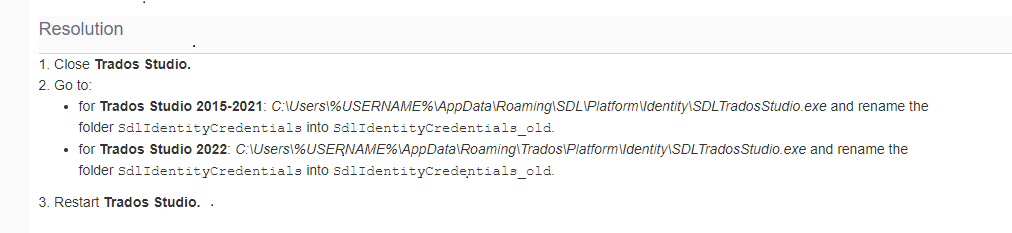 Screenshot showing resolution steps for Trados Studio installation issue, including closing the program, navigating to file paths, and renaming folders.