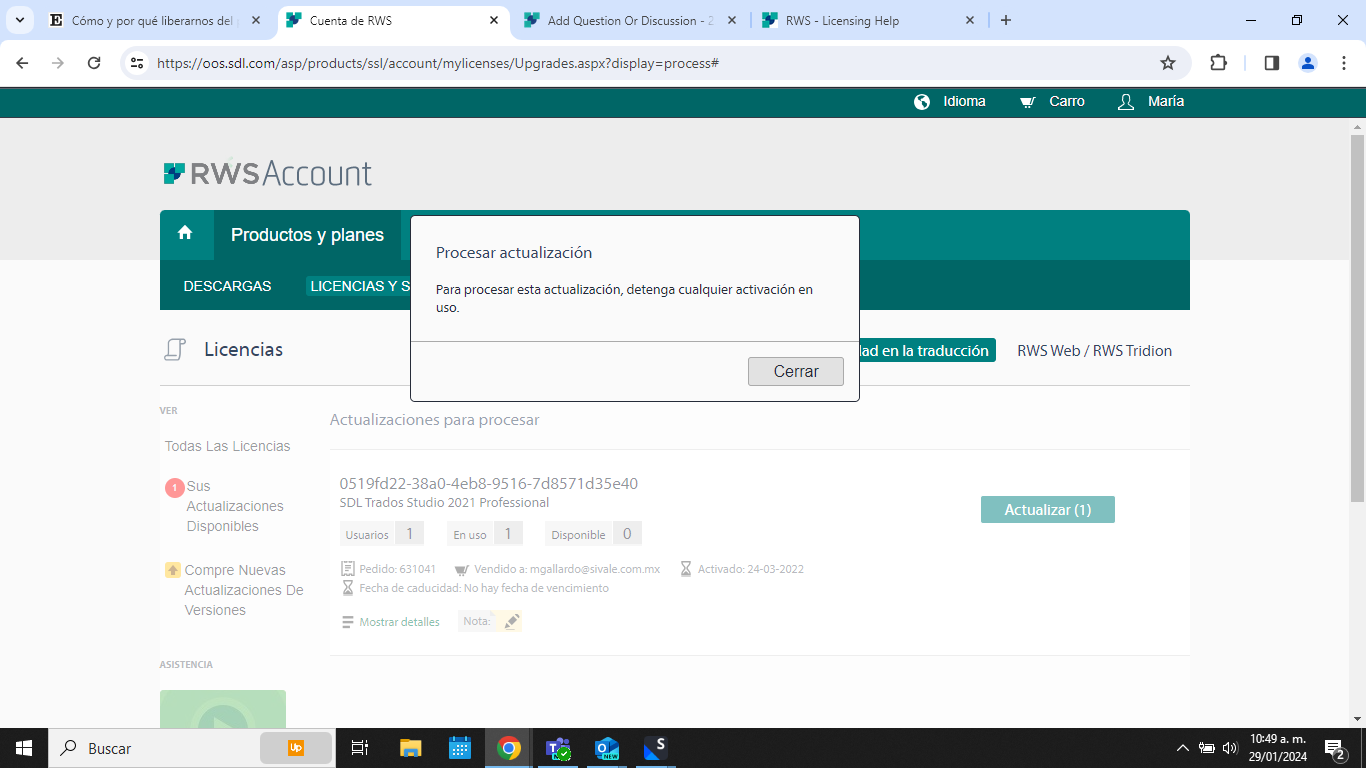 Screenshot of RWS Account Licensing page with a pop-up message saying 'To process this update, stop any activation in use.' with a 'Close' button. There is an 'Update (1)' button at the bottom.